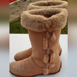 MIA RORY CAMEL TAN LEATHER BUCKLE WITH FAUX FUR CUFF PULL ON BOOTS SIZE 7M